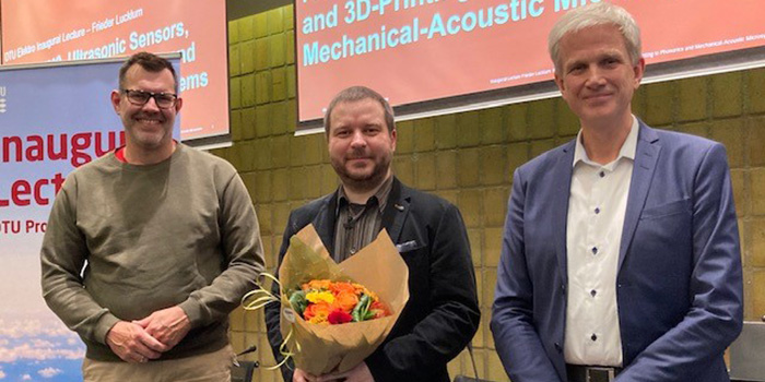 Provost Rasmus Larsen, Professor Frieder Lucklum, and Head of Department Preben Jørgensen, DTU Electrical Engineering. (Photo: Nadia Jane Larsen).